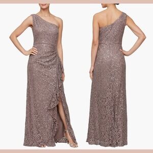 NEW $219 Alex Evenings [ 14 ] One-Shoulder Sequin Lace A-Line Gown Mocha‎ #Q1232